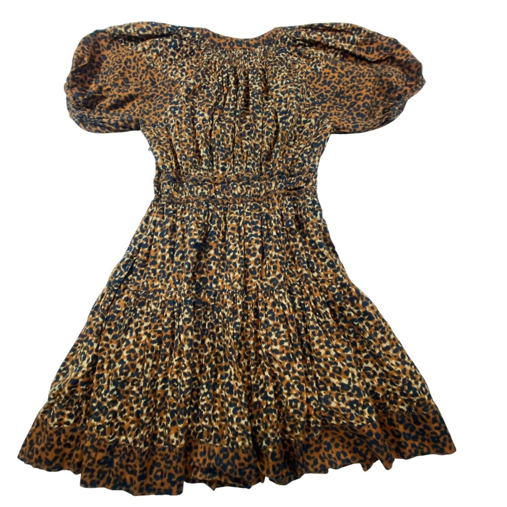 Ulla Johnson Leopard Print Mini Dress Brown V-Neck Puff Sleeve Smocked Waist 2 - Picture 7 of 15